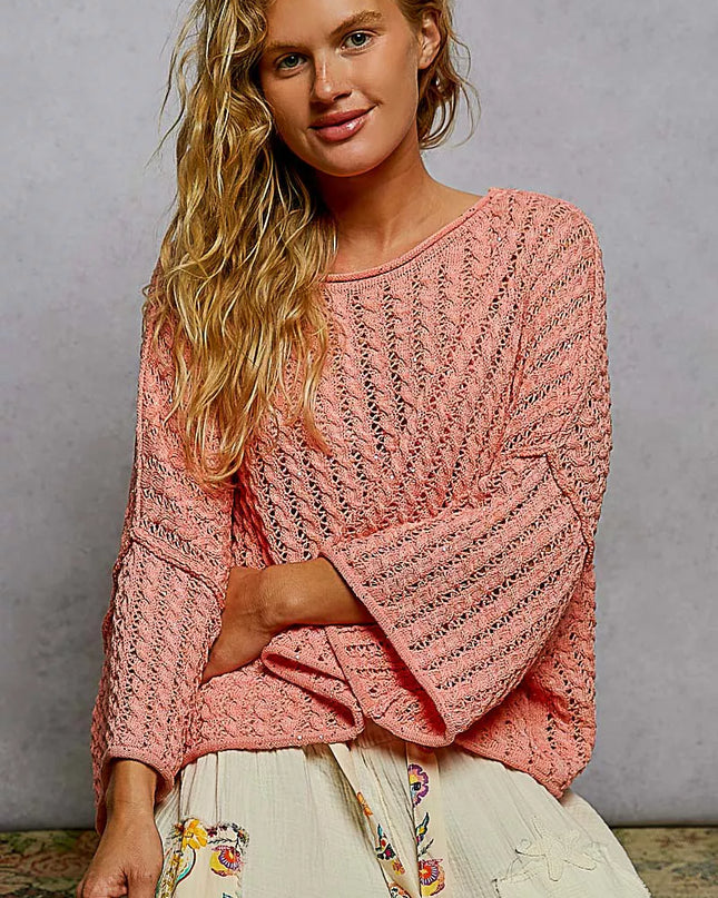 POL Cable-Knit Openwork Round Neck Cropped Sweater - Sleekdenim.com