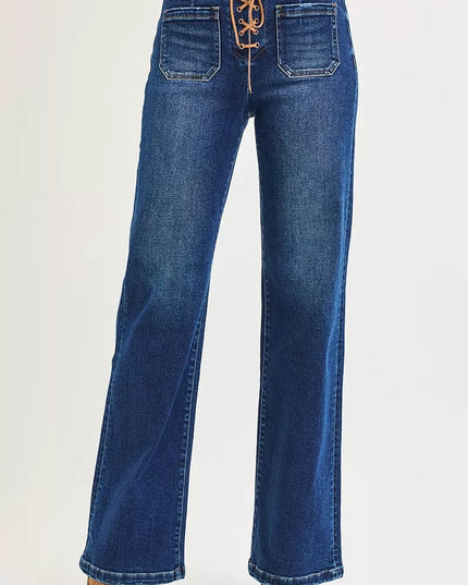 RISEN Full Size High Rise Wide Leg Jeans with Front Tie Detail Plus Size - Sleekdenim.com