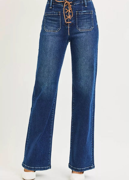 RISEN Full Size High Rise Wide Leg Jeans with Front Tie Detail Plus Size - Sleekdenim.com