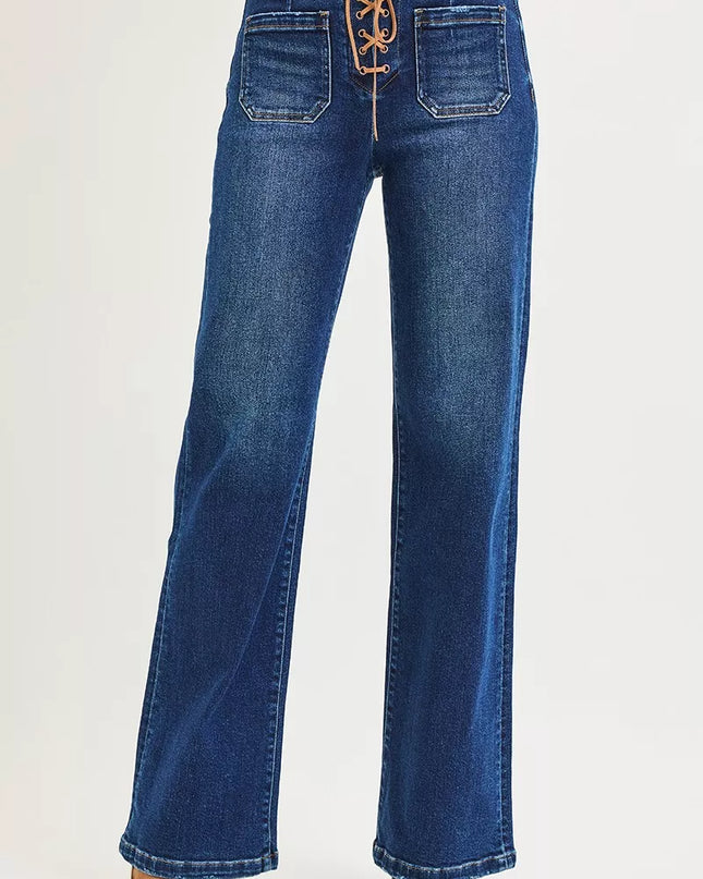 RISEN Full Size High Rise Wide Leg Jeans with Front Tie Detail Plus Size - Sleekdenim.com