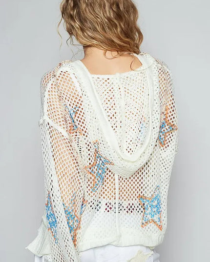 POL Star Openwork Long Sleeve Hooded Knit Cover Up - Sleekdenim.com