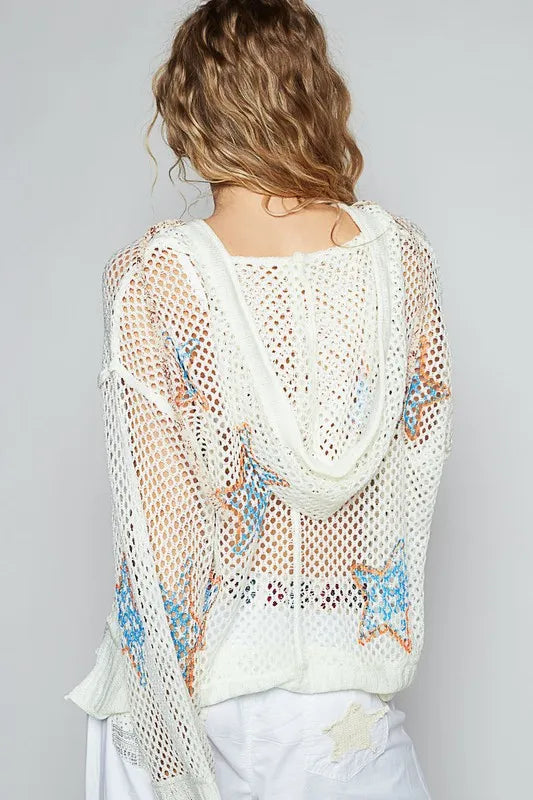 POL Star Openwork Long Sleeve Hooded Knit Cover Up - Sleekdenim.com