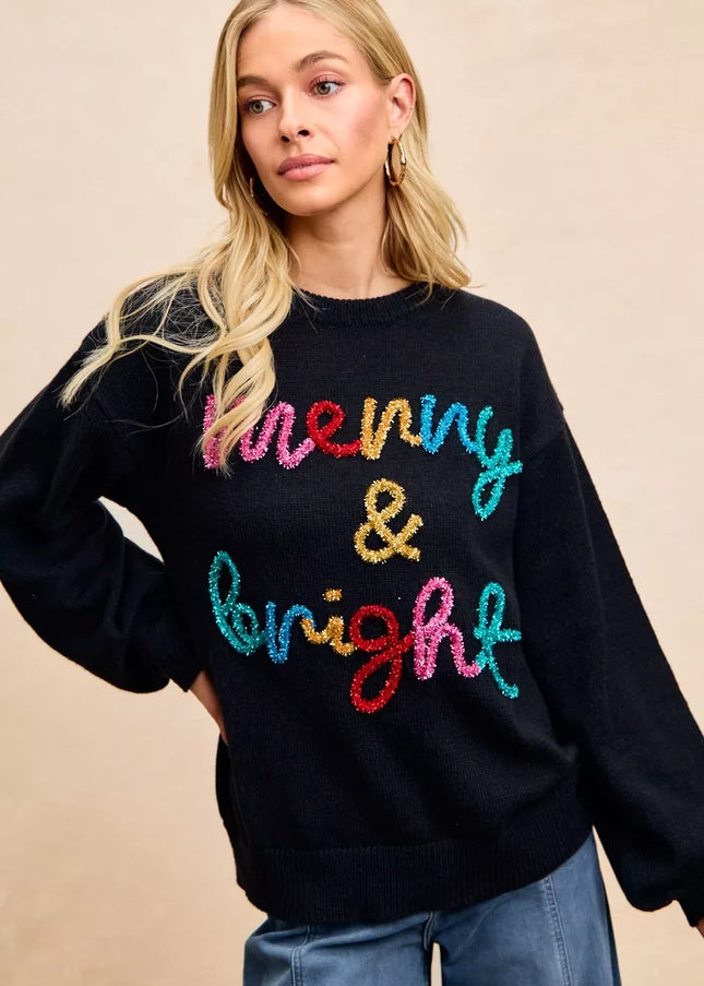 BiBi Tinsel Lettering Christmas Sweater - Sleekdenim.com