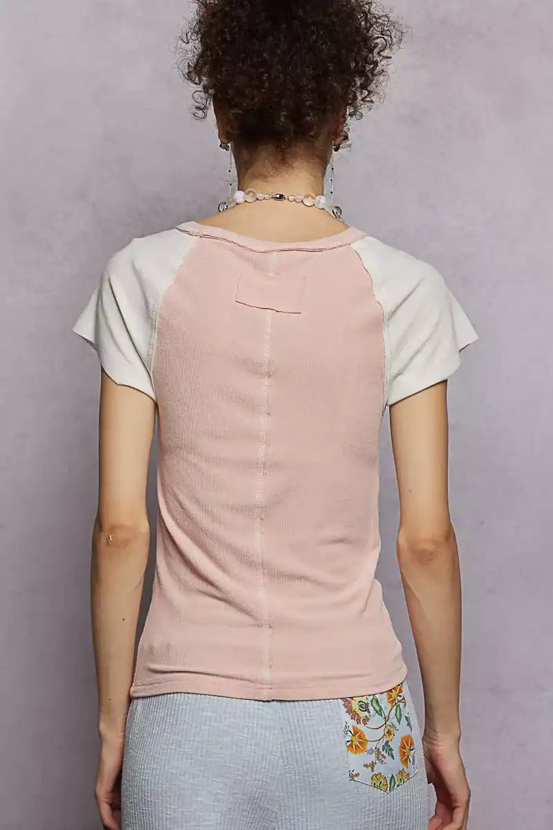 POL Round Neck Outseam Detail T-Shirt with Contrast Color Sleeves - Sleekdenim.com