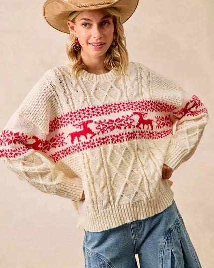 BiBi Christmas Theme Patterned Cable Knit Sweater - Sleekdenim.com