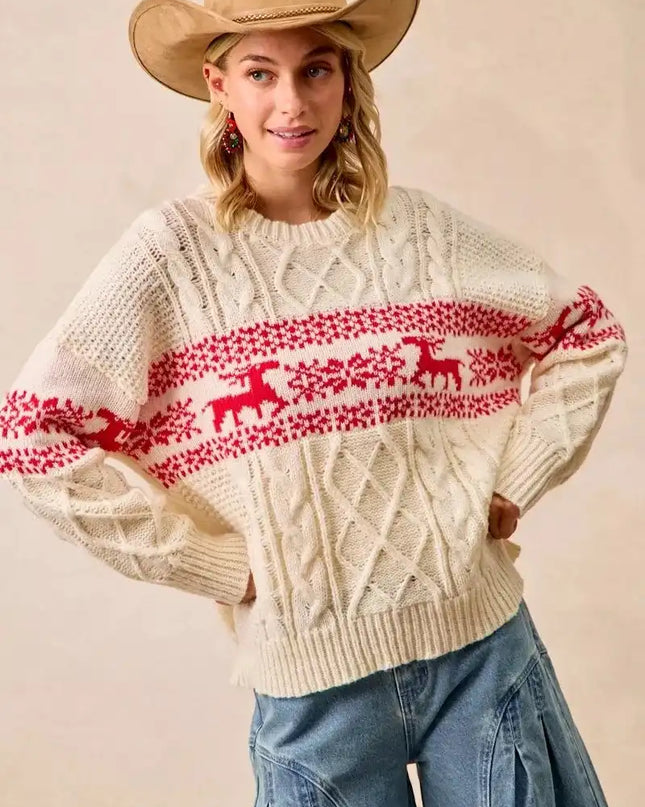 BiBi Christmas Theme Patterned Cable Knit Sweater - Sleekdenim.com