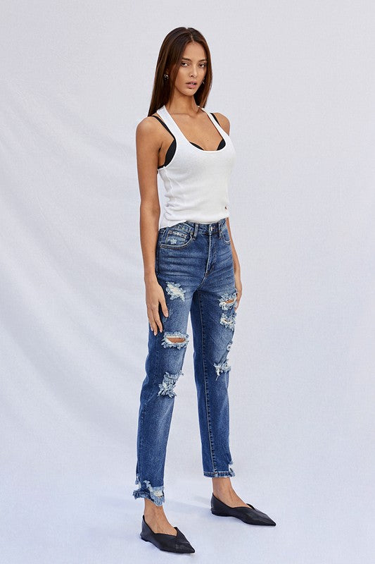 High Waist Ripped Boyfriend Jeans - Sleekdenim.com