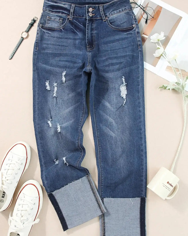 High Waist Distressed Straight Leg Jeans - Sleekdenim.com