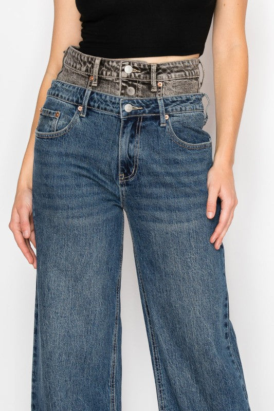Double Snap On Waistband Layered High Rise Wide - Sleekdenim.com