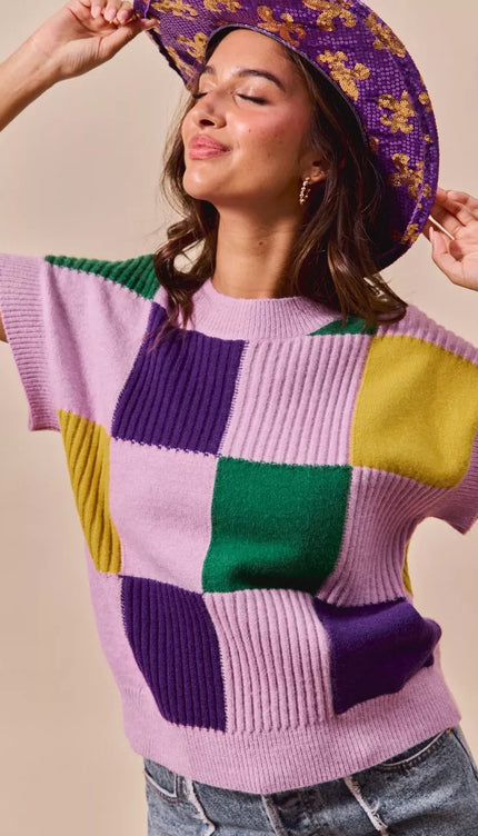 SO ME Mardi Gras Check Plaid Casual Sweater Top - 5