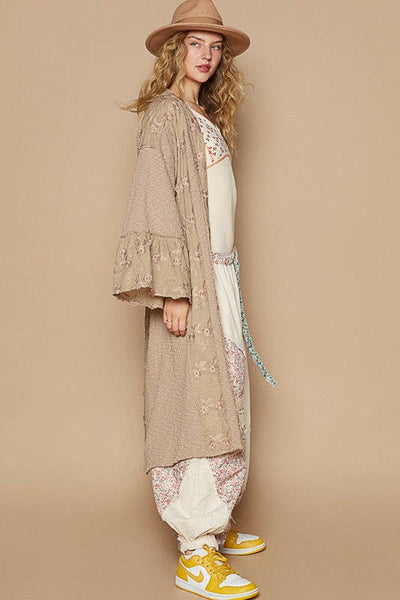 POL Flower Lace Trim Open Front Longline Cardigan Khaki