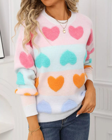 Valentine's Day Heart Pattern Fuzzy Knit Sweater - Sleekdenim.com