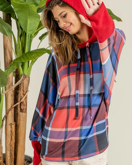 BiBi Plaid Mirr Brushed Rib Contrast Thumb Open Hoodie - Sleekdenim.com
