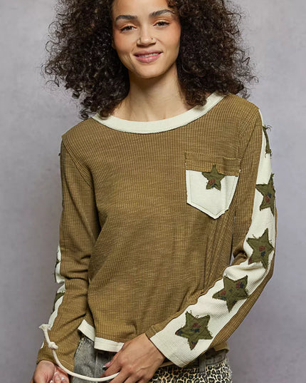 POL Round Neck Long Sleever T-Shirt with Star Patch - Sleekdenim.com