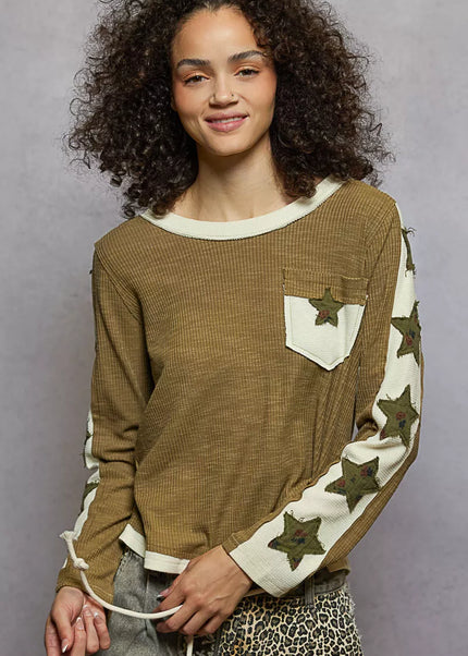 POL Round Neck Long Sleever T-Shirt with Star Patch - Sleekdenim.com