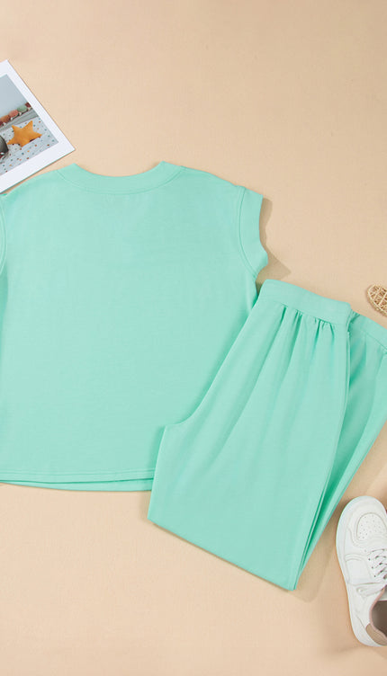 Bonbon Solid Color V Neck Tee Drawstring Pant Set - Sleekdenim.com