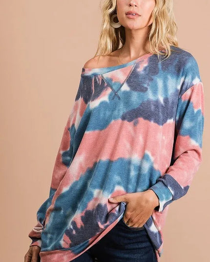 BiBi Tie Dye French Terry Pull Over with Front Stitching Detail - Sleekdenim.com