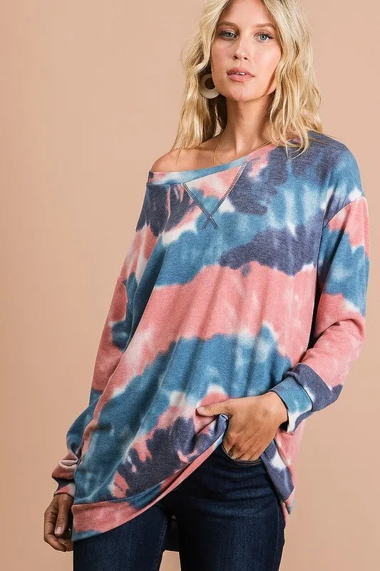BiBi Tie Dye French Terry Pull Over with Front Stitching Detail - Sleekdenim.com