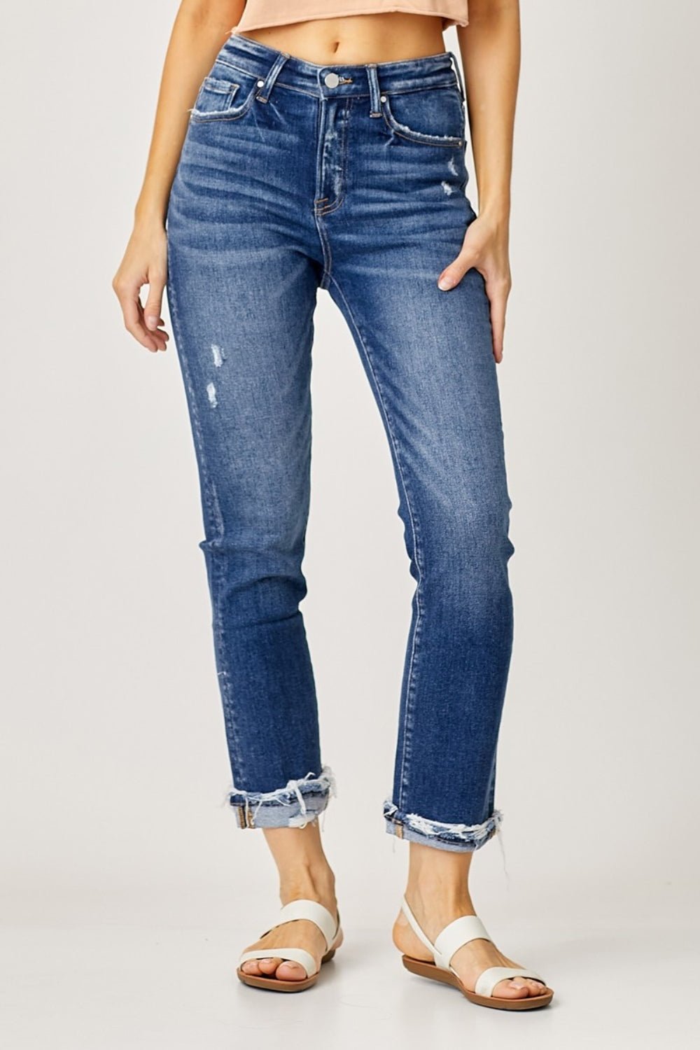 Risen Full Size High-Rise Frayed Cuffed Straight Jeans | Sleekdenim.com