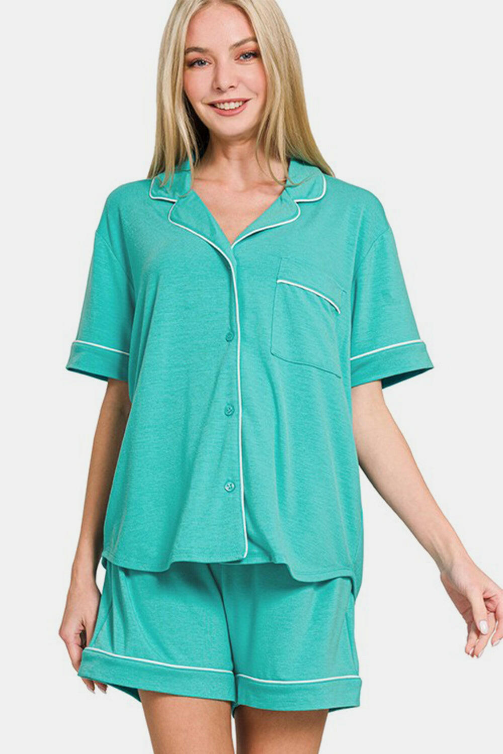 Zenana Button Down Short Sleeve Top and Shorts Lounge Set.