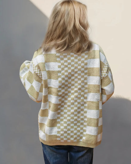 Double Take Checkered Open Front Dropped Shoulder Cardigan - Sleekdenim.com