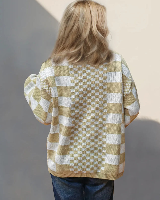 Double Take Checkered Open Front Dropped Shoulder Cardigan - Sleekdenim.com