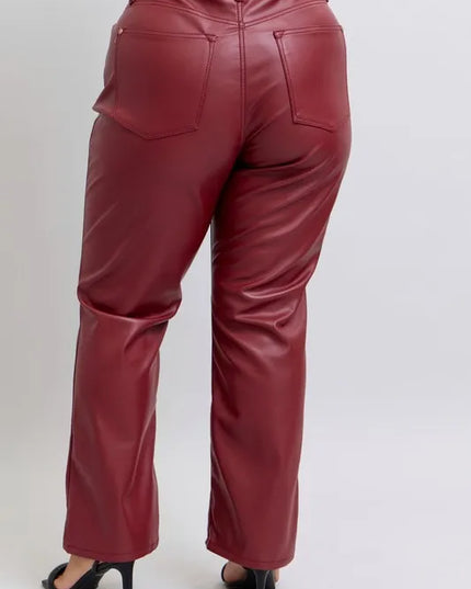 Judy Blue Full Size High Waist Tummy Control Faux Leather Straight Pants Plus Size - Sleekdenim.com