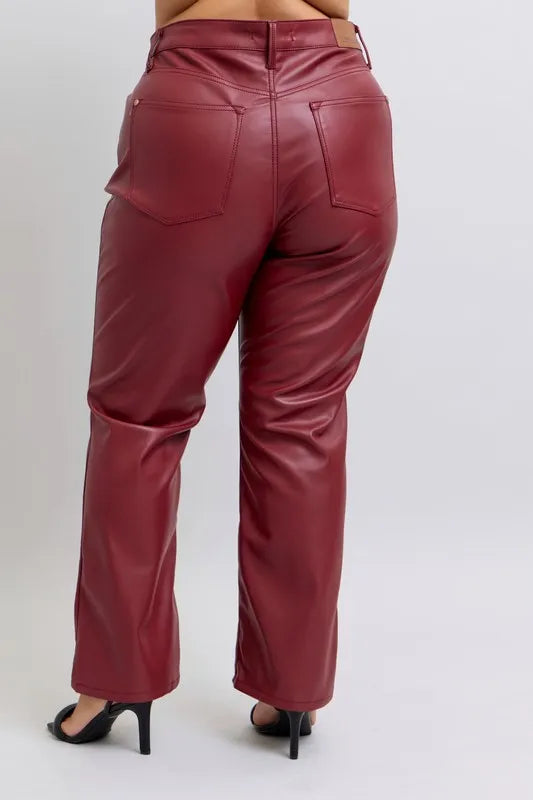 Judy Blue Full Size High Waist Tummy Control Faux Leather Straight Pants Plus Size - Sleekdenim.com