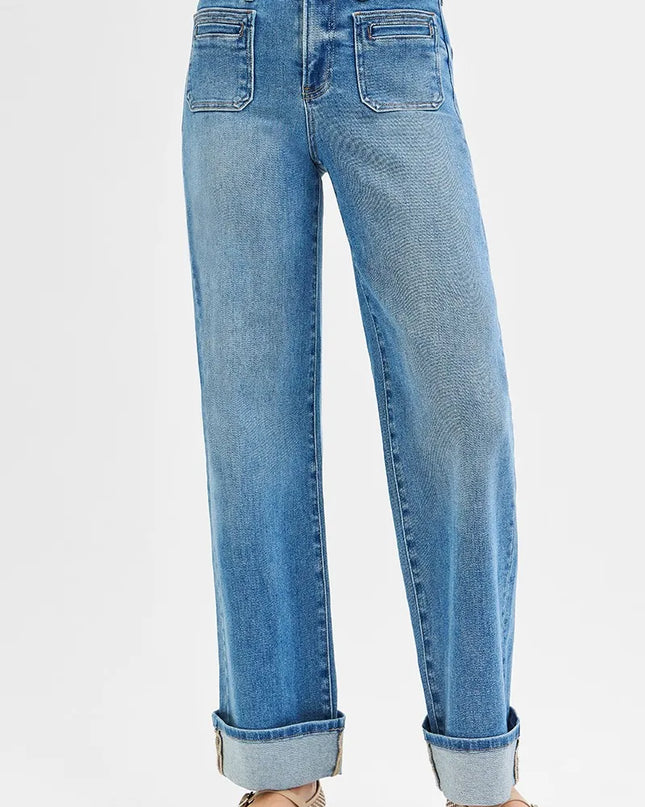 RISEN Full Size Elastic Band Mid Rise Wide Front Patch Pocket Cuff Jeans Plus Size - Sleekdenim.com