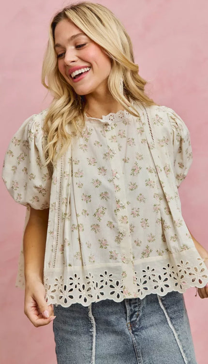 SO ME Floral Print Lace Trim Short Sleeves Blouse - Sleekdenim.com