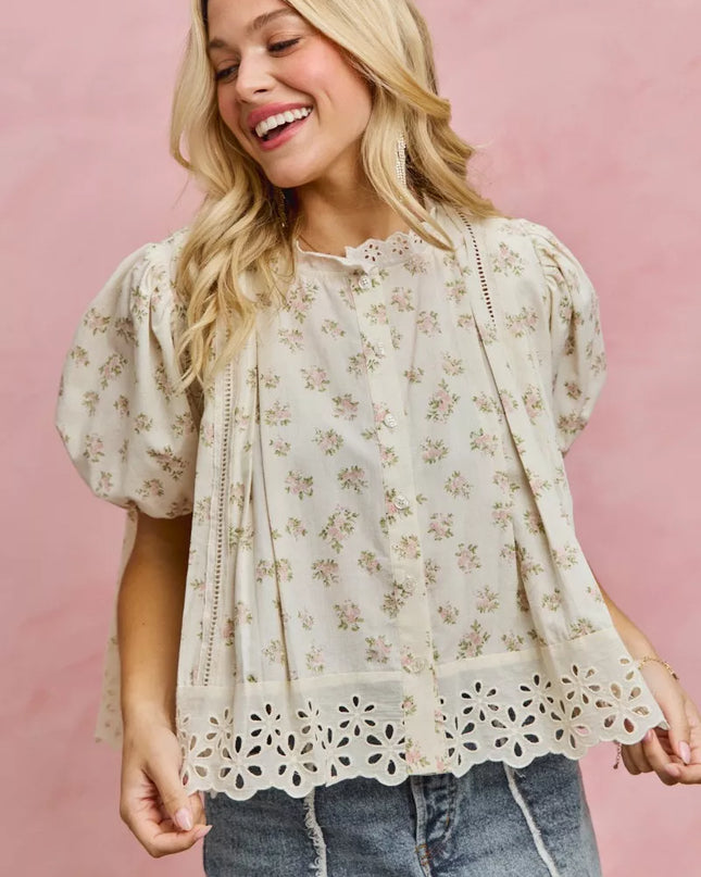 SO ME Floral Print Lace Trim Short Sleeves Blouse - Sleekdenim.com