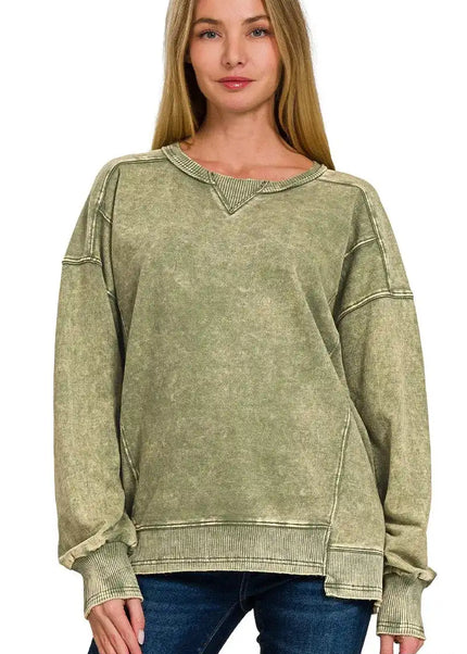 Zenana French Terry Acid Wash Pullover - Sleekdenim.com