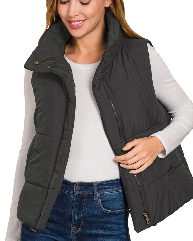 Zenana High Neck Zip-Up Vest Coat - Sleekdenim.com