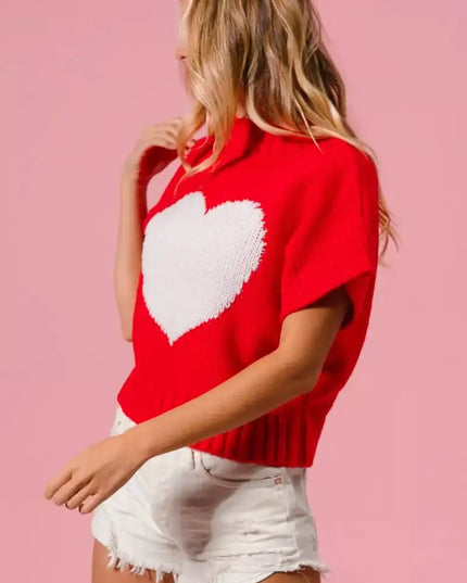 BiBi Rib Banded Heart Pattern Valentines Sweater - Sleekdenim.com