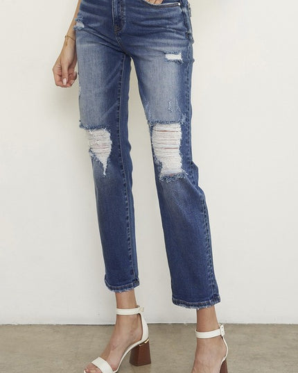 Dark Wash Distressed Boyfriend Jeans - Sleekdenim.com