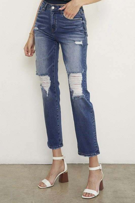 Dark Wash Distressed Boyfriend Jeans - Sleekdenim.com