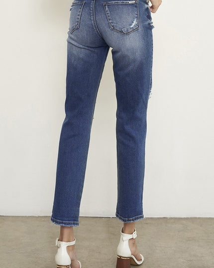 Dark Wash Distressed Boyfriend Jeans - Sleekdenim.com