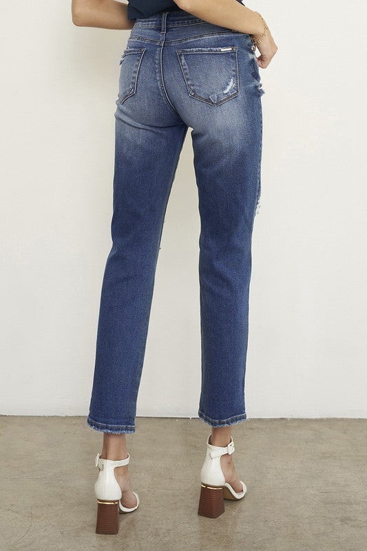 Dark Wash Distressed Boyfriend Jeans - Sleekdenim.com