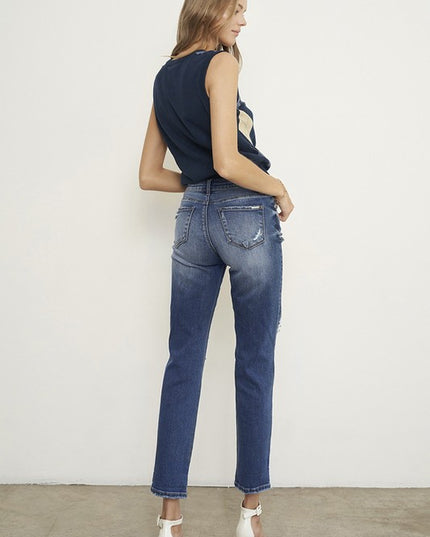 Dark Wash Distressed Boyfriend Jeans - Sleekdenim.com