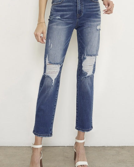Dark Wash Distressed Boyfriend Jeans - Sleekdenim.com