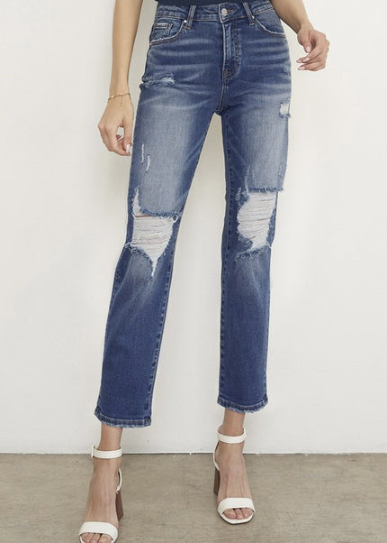 Dark Wash Distressed Boyfriend Jeans - Sleekdenim.com