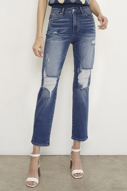 Dark Wash Distressed Boyfriend Jeans - Sleekdenim.com