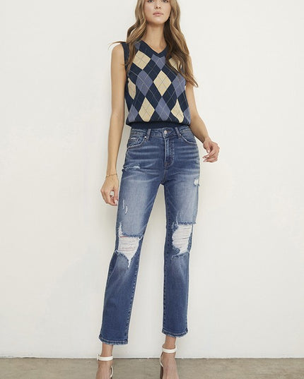 Dark Wash Distressed Boyfriend Jeans - Sleekdenim.com