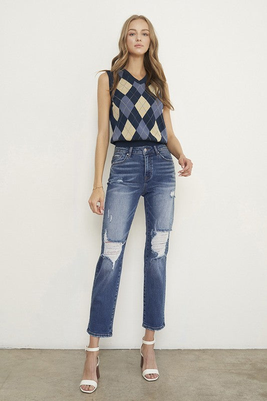 Dark Wash Distressed Boyfriend Jeans - Sleekdenim.com