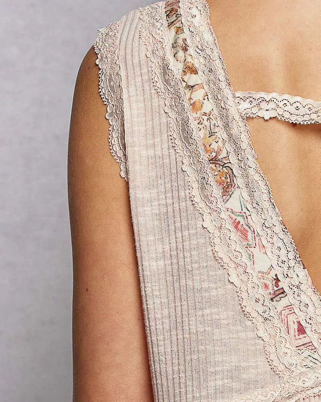 POL Lace Detail Ruffled Ribbed Sleeveless Top with Floral Pattern Trim Detail - Sleekdenim.com