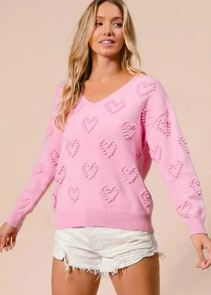 BiBi Valentines Heart Pompom V Neck Knit Top - Sleekdenim.com