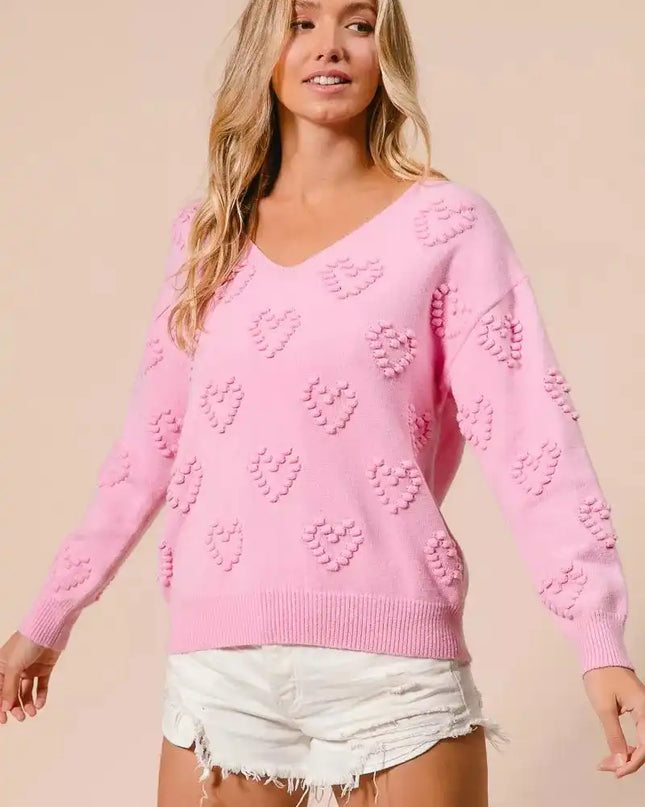 BiBi Valentines Heart Pompom V Neck Knit Top - Sleekdenim.com