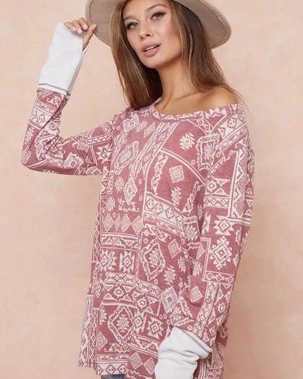 BiBi Aztec Print French Terry Top with Thumb Opening - Sleekdenim.com