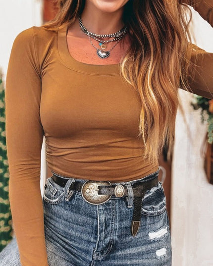 Solid Scoop Neck Long Sleeve Top - Sleekdenim.com