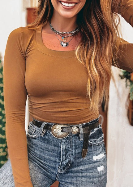 Solid Scoop Neck Long Sleeve Top - Sleekdenim.com